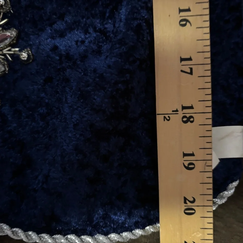 Vintage Christmas Tree Skirt Navy Blue Crushed Velvet Gold Beaded Snowflake